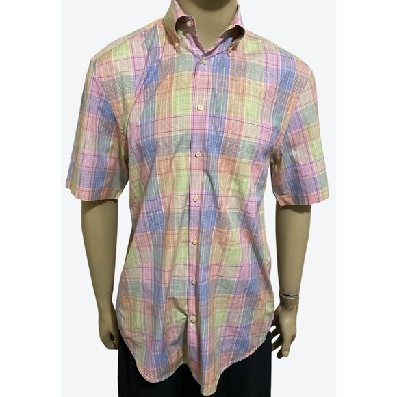 Peter Millar Other - Peter Millar Men's Medium Short Sleeve Button Front Plaid Shirt Pink Yellow Blue